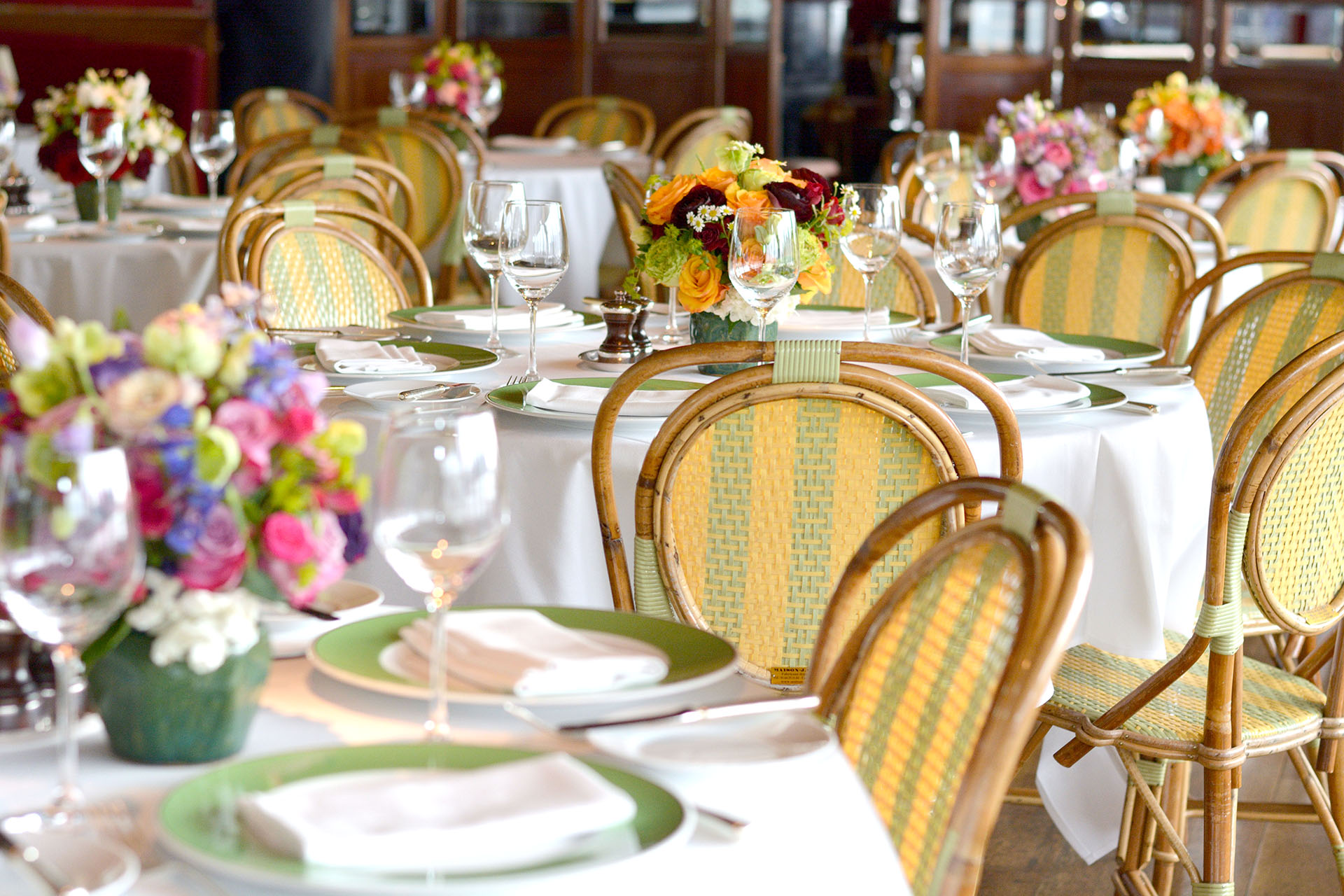 The River Café dining room set with flowers