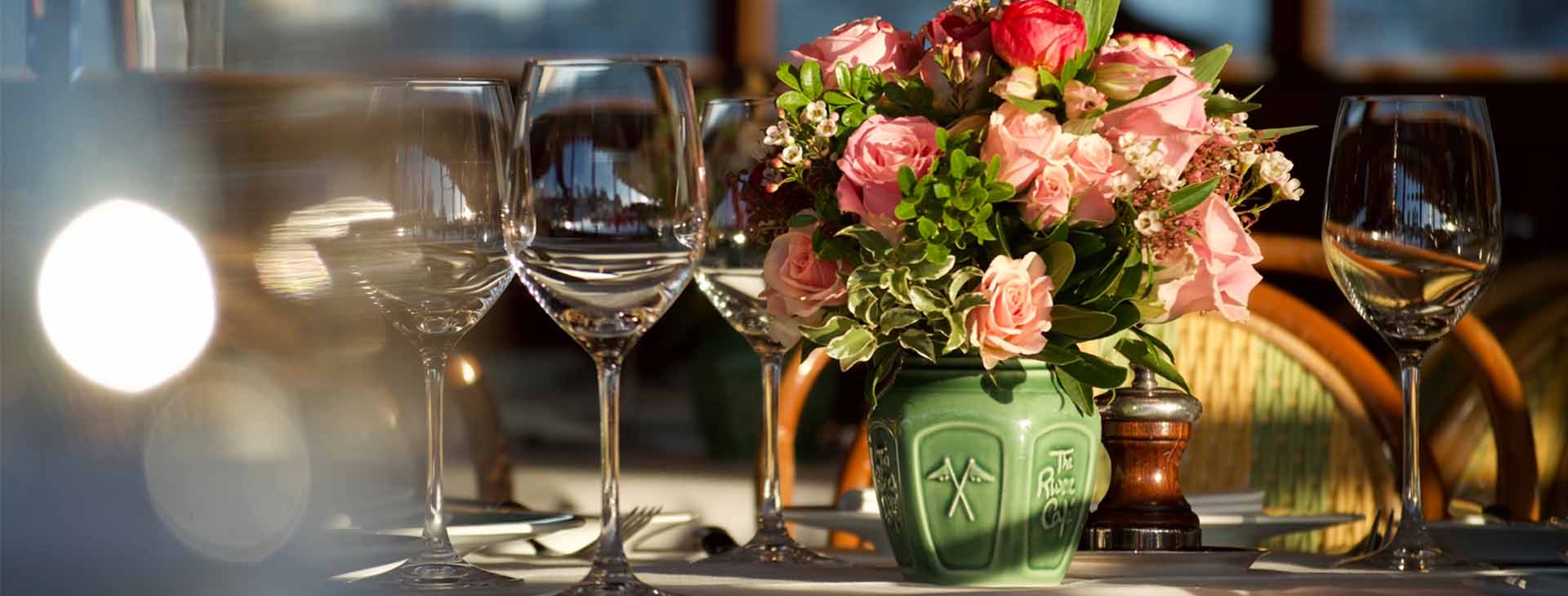Flowers and wine glasses at The River Café